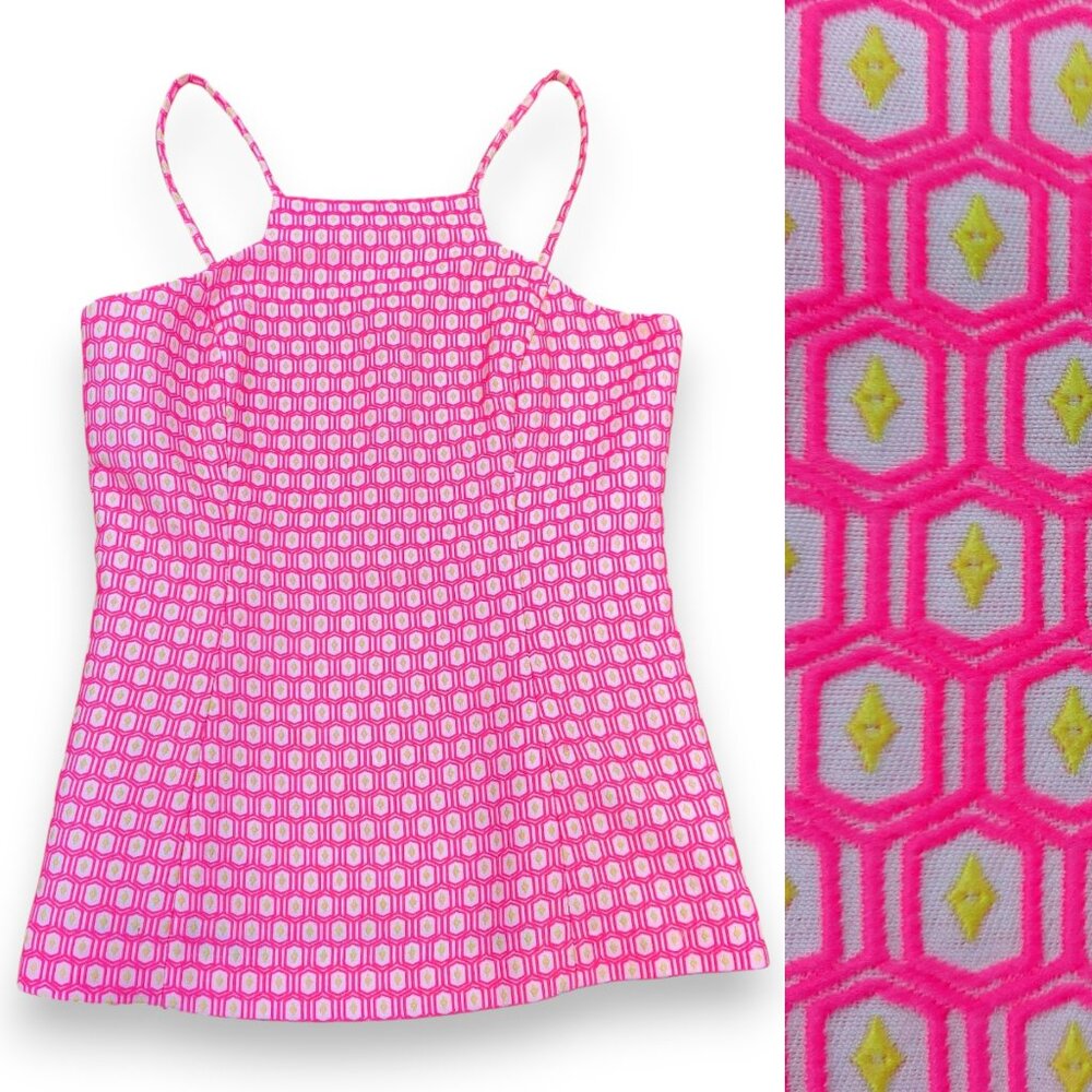 LILLY PULITZER Costello Top 92406 Retro Hotty Pink Yellow Diamond Geo Jacquard 6